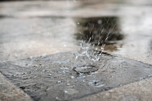 Gotas de fuerte lluvia en el pavimento — Foto de Stock