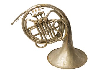 Beyaz arka planda eski Vintage Altın Fransız boynuz, izole