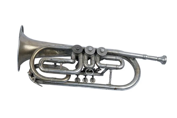 Old Silver Trumpet White Background Isolated — Stock Photo, Image
