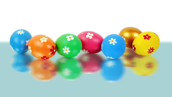 Bunch Colorful Painted Easter Eggs Reflected Glass Surface — Stockfoto
