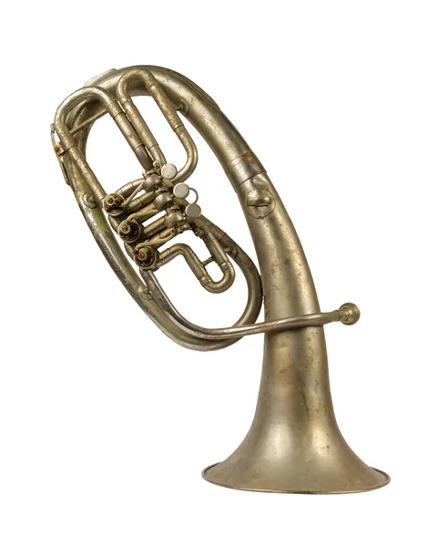 Gamla Vintage Tenor Horn Står Vit Bakgrund Isolerad — Stockfoto
