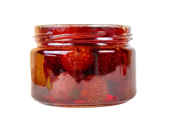 Marmellata Fragole Barattolo Vetro Isolato Fondo Bianco — Foto Stock