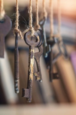 Eski paslı anahtarlar, bulanık kitaplık arkaplanlı, seçici odaklı, iplere asılmış.