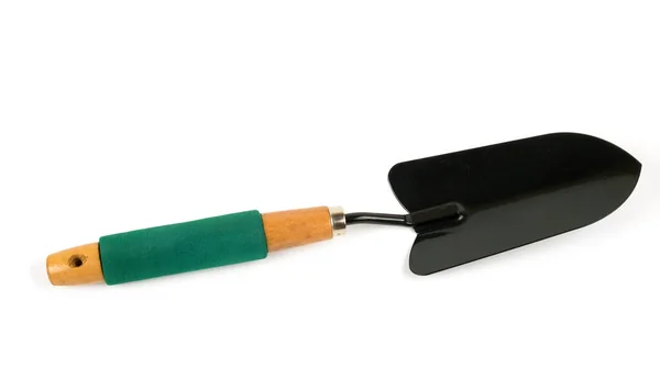 Black Shovel Green Handle White Background — Stock Photo, Image