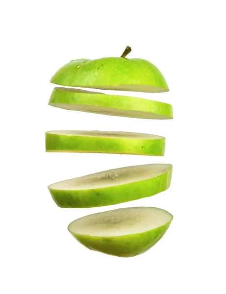 Plátky Zelené Jablko Izolované Bílém Pozadí — Stock fotografie