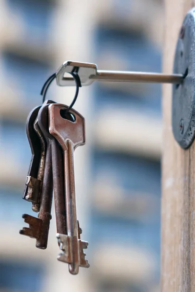 Set Van Oude Sleutels Het Sleutelgat Met Wazig Gebouw Achtergrond — Stockfoto