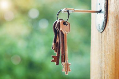 Anahtar deliğinde bulanık doğa arka planına sahip paslı anahtarlar kümesi, seçici odak