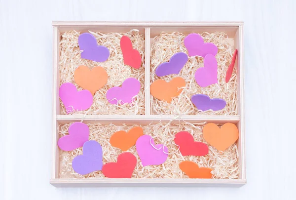 Wooden Gift Box Colorful Hearts Decorative Straw Filler Top View — Stock Photo, Image