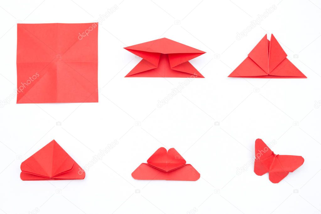 Steps of making origami butterfly on white background