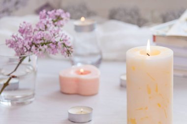 Pastel oda dekoru, yanan el yapımı mumlar, kitaplar, çiçekler. Rahat ve rahat konsept.