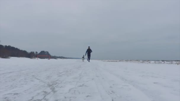 Человек Бегущий Зимой Прекрасному Снежному Пляжу Собакой — стоковое видео
