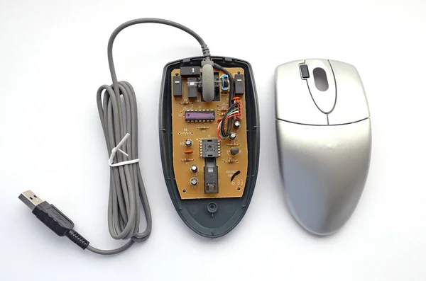 Mouse Del Computer Ottico Smontato Sfondo Bianco — Foto Stock