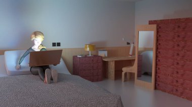 genç bir kız ile bir yatak odası bir yatak üzerinde çizim, kim bir kitap okuma