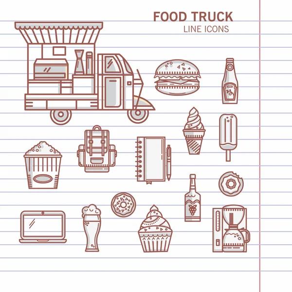 Conjunto de ícones lineares caminhão de alimentos — Vetor de Stock