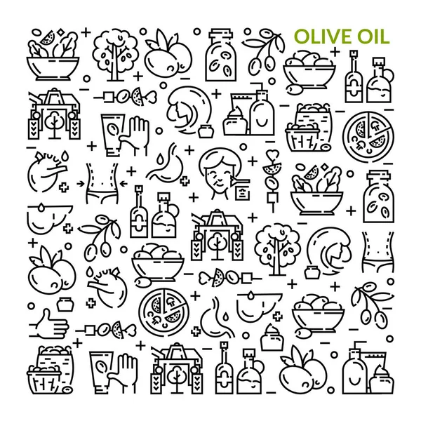 Aceitunas. Aceite de oliva. Conjunto de iconos lineales . — Vector de stock
