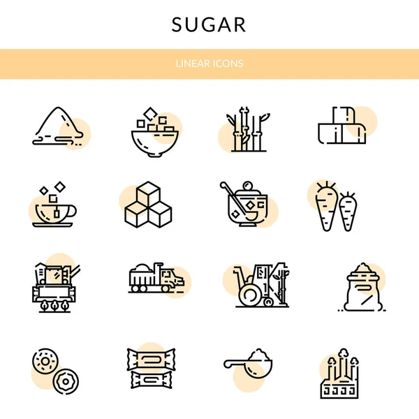 Produkce, pěstování a zpracování cukru. Lineární ikony — Stockový vektor
