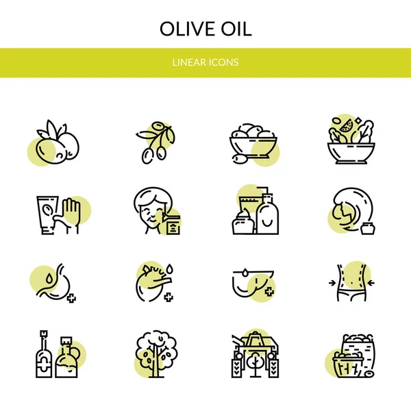 Aceitunas. Aceite de oliva. Conjunto de iconos lineales . — Vector de stock
