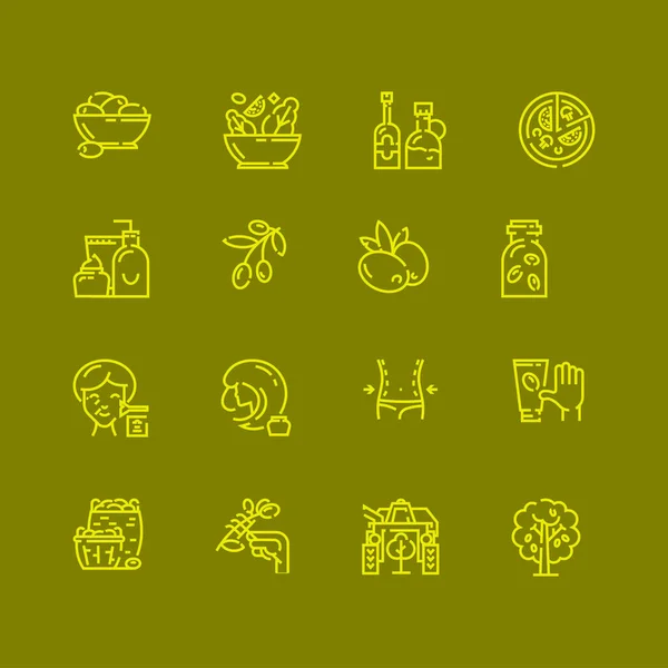 Olives. Olive oil. Set of linear icons. — Stock Vector