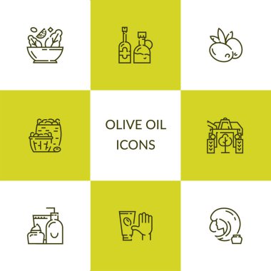 Olives. Olive oil. Set of linear icons.