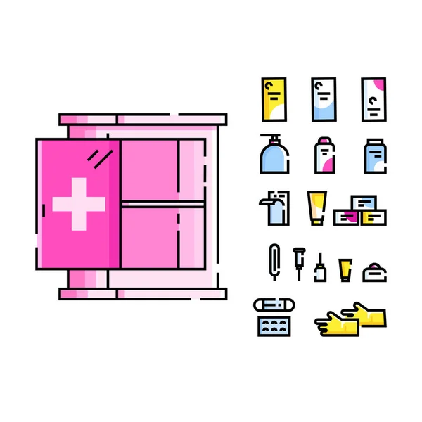 Coffre médical avec porte ouverte et médicaments . — Image vectorielle