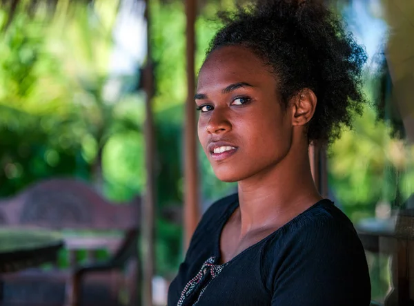 Islander Pacífico Melanésio Menina Bonita Com Afro Meio Perfil — Fotografia de Stock