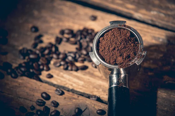 Ground coffee in porta filter holder — Stock Photo, Image