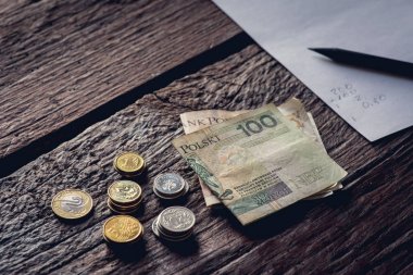 Tablo, banknot ve madeni paraların üzerinde Polonya para. Kalem ve kağıt.
