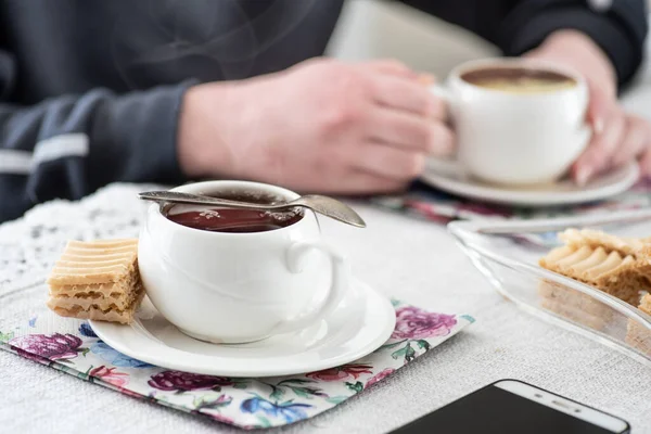 Two Cups Tea Home Table Someone Sitting Table Drinking Tea — Stock Photo, Image