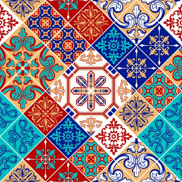 Patrón Sin Costura Colorido Patchwork Portugués Tradicional Ornamento Marroquí Azulejo — Vector de stock