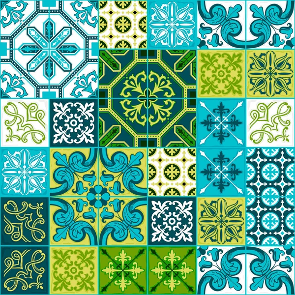 Patrón Sin Costura Colorido Patchwork Portugués Tradicional Ornamento Marroquí Azulejo — Vector de stock