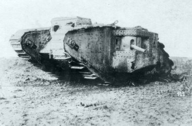 View of knocked out british Mark IV tank, male version clipart