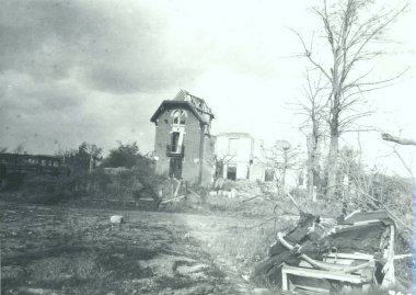 Heavily damaged building in fields after battle clipart