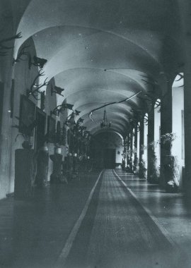 Villa çiçek ve geyik kupa ile büyük salonu görünümünü
