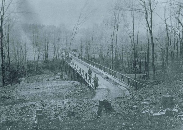 Вид моста для полевой железной дороги в лесу
