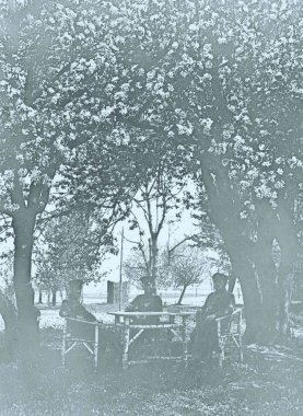 Çiçek ağacın altında oturup üç Alman askerleri