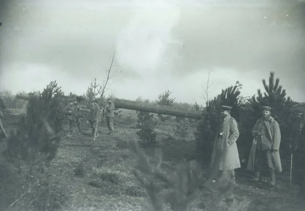 銃の乗組員とフィールドでも偽装ドイツ重榴弾砲 — ストック写真