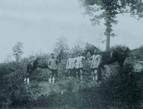 Vier Duitse Soldaten Poseren Met Twee Paarden Velden — Stockfoto