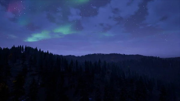 Vista Della Foresta Con Alte Montagne Notte Con Cielo Stellato — Foto Stock