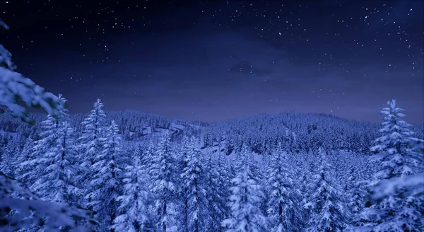 Vista Del Bosque Con Altas Montañas Por Noche Con Cielo — Foto de Stock