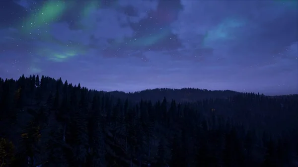 Vista Del Bosque Con Altas Montañas Por Noche Con Cielo — Foto de Stock