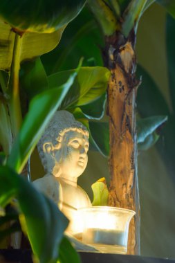 Muz ağaçlarıyla çevrili Buda oturan