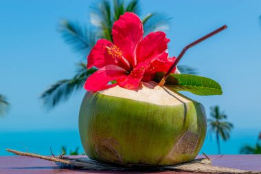 Taze yeşil hindistan cevizi kokteyli. Mavi ve açık gökyüzü ve denizin önünde kırmızı ve beyaz çiçekler. Arka planda bulanık yeşil palmiye ağaçları var.