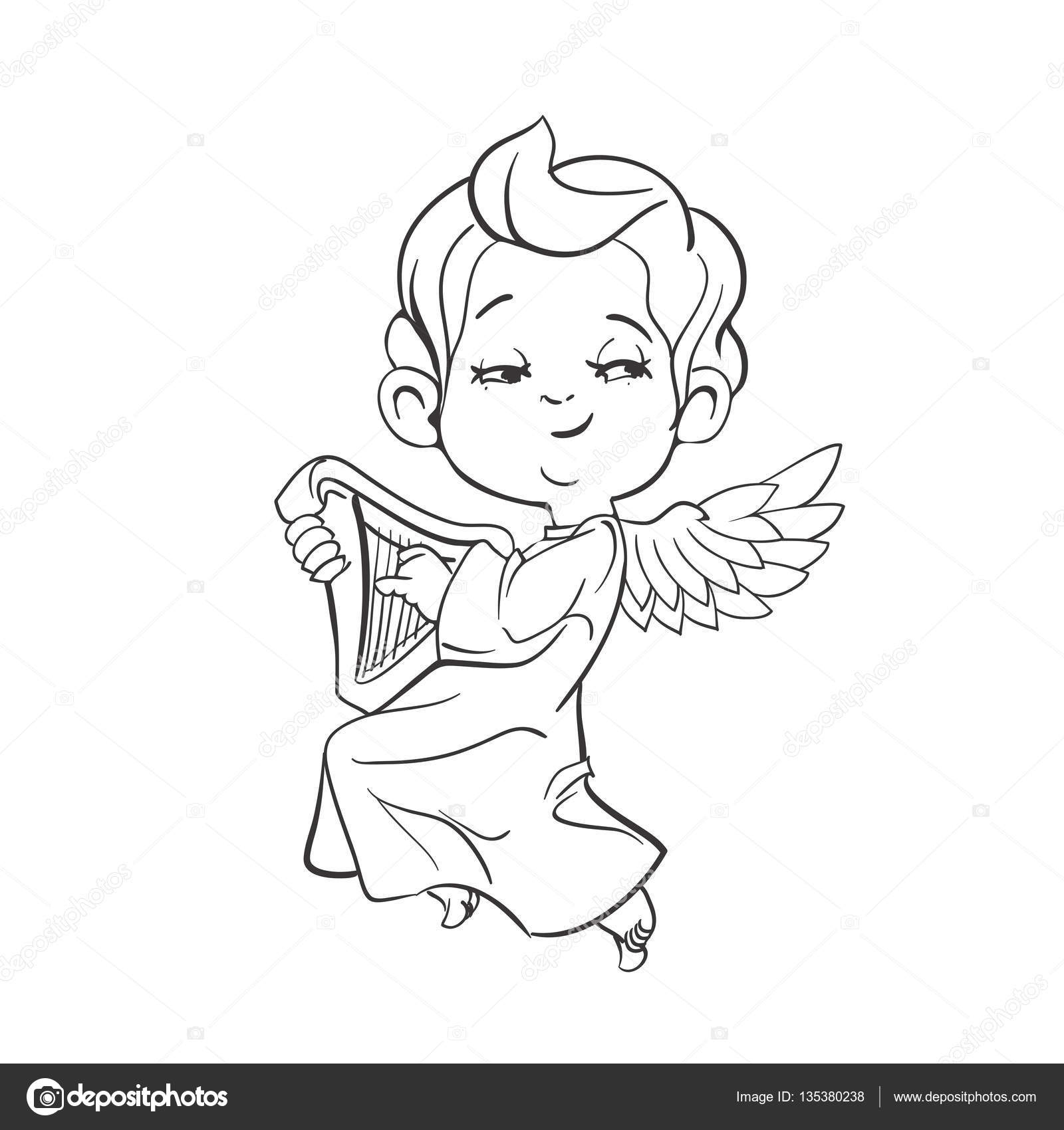 anjo bebê fofo fazendo música tocando harpa vetores de stock