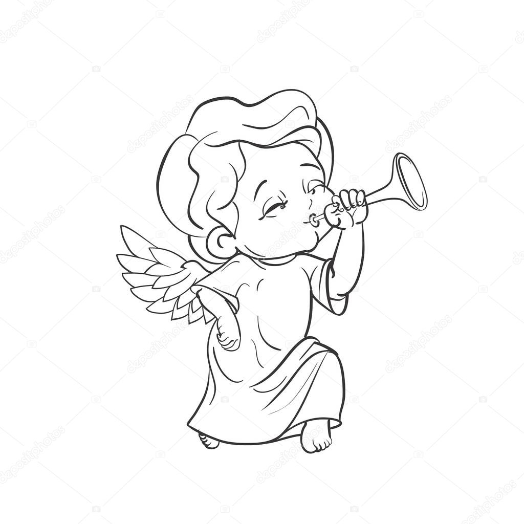 Cute baby angel making music playing trumpet — Stock Vector © jera