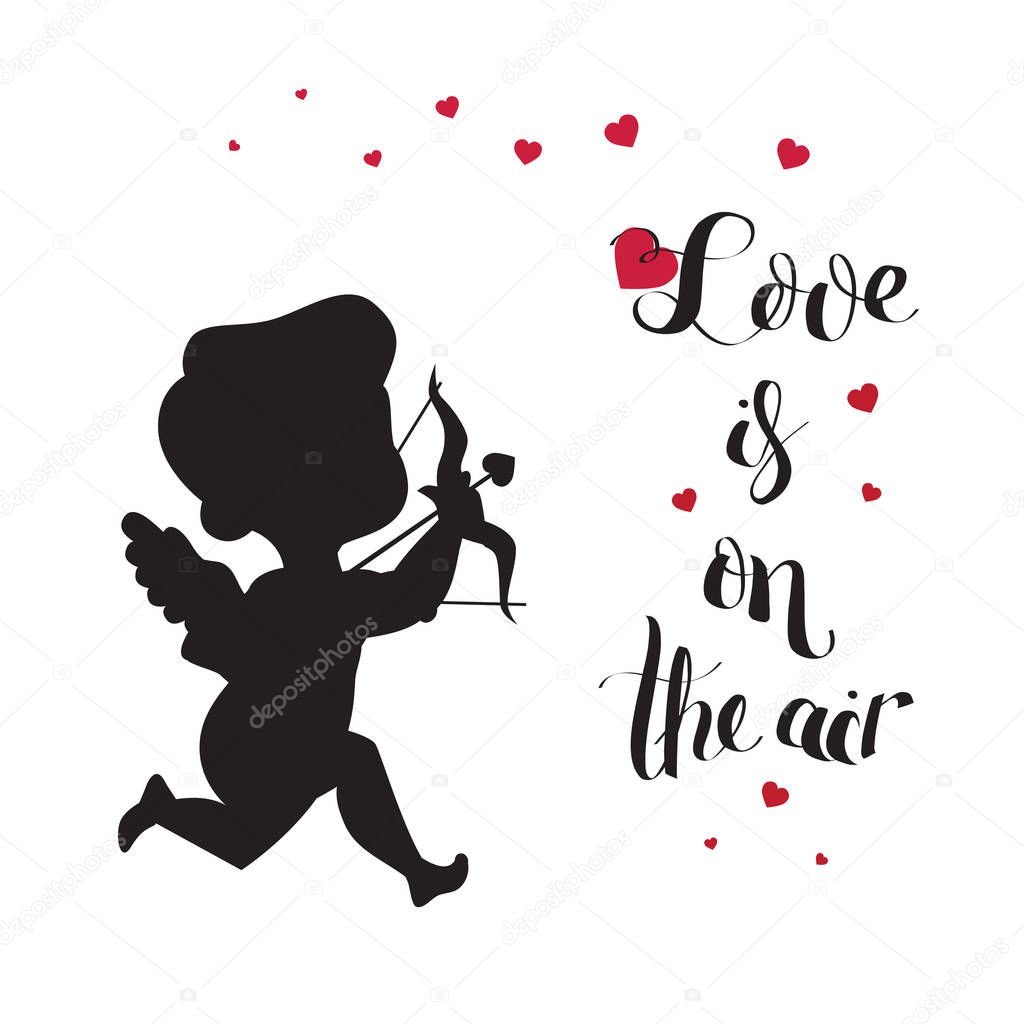 Cupid Love silhouette with bow and arrow and Love is on t