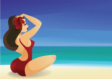 Onun saç ile okyanus kıyısında Pinup curvy esmer kız Süsle