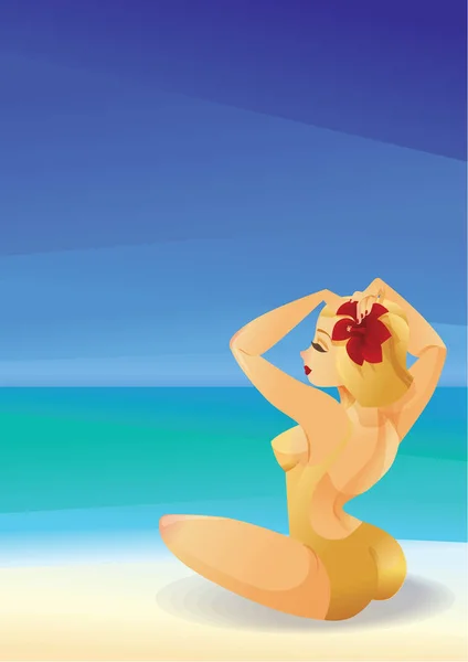 Okyanus kıyısında Pinup düzgün vücutlu sarışın kız Süsle onun saç ile bir — Stok Vektör