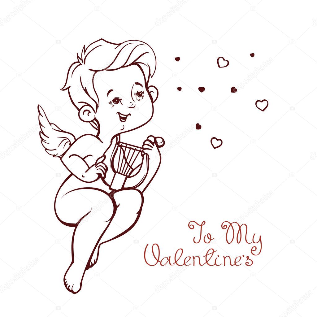 Cupid playing music on hurp to flying hearts. Fun greeting lette