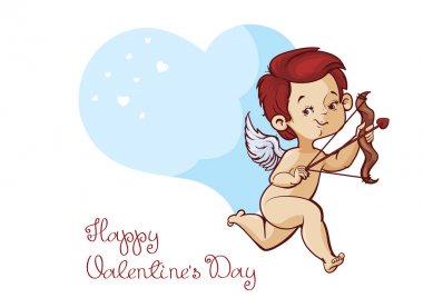 Aşk tanrısı kupa uçan archey yay ile avcılık. El yazısıyla yazılmış eğlenceli tırnak Sevgililer günü mesajı