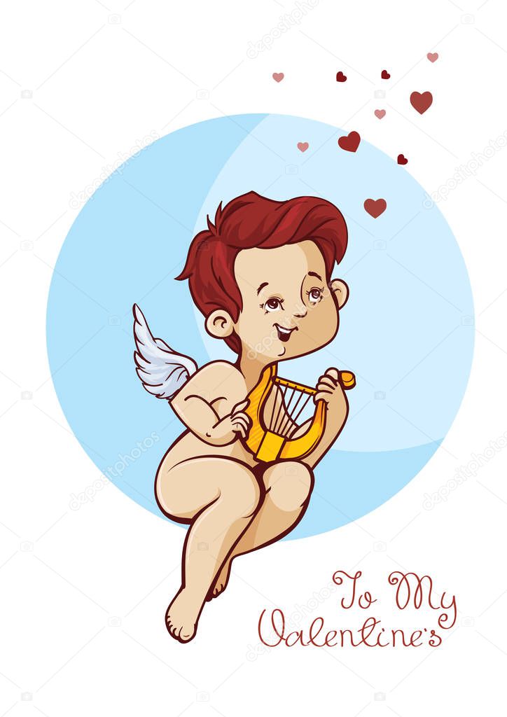 Cupid playing music on harp Handwritten fun quotation Valentines Day message